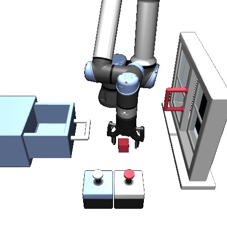 The shared observation: the robot arm above the table, with the cube, drawer, window, and buttons